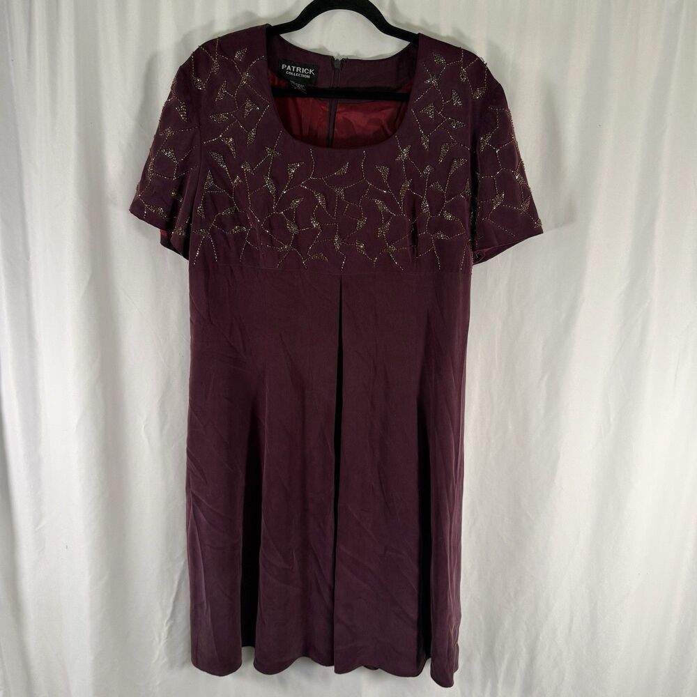 Patrick Collection Silk Dress Women's 16 Purple Round Neck Short Sleeve Beaded